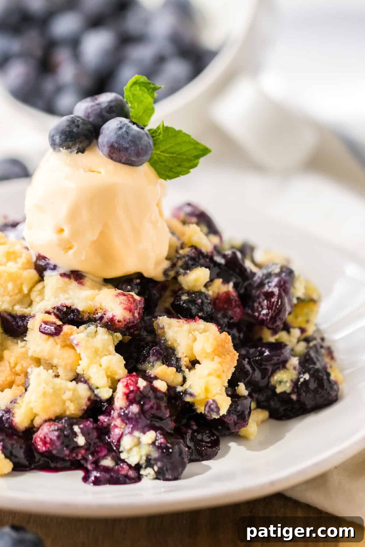 A serving of blueberry cake mix cobbler with a generous scoop of vanilla ice cream melting on top.