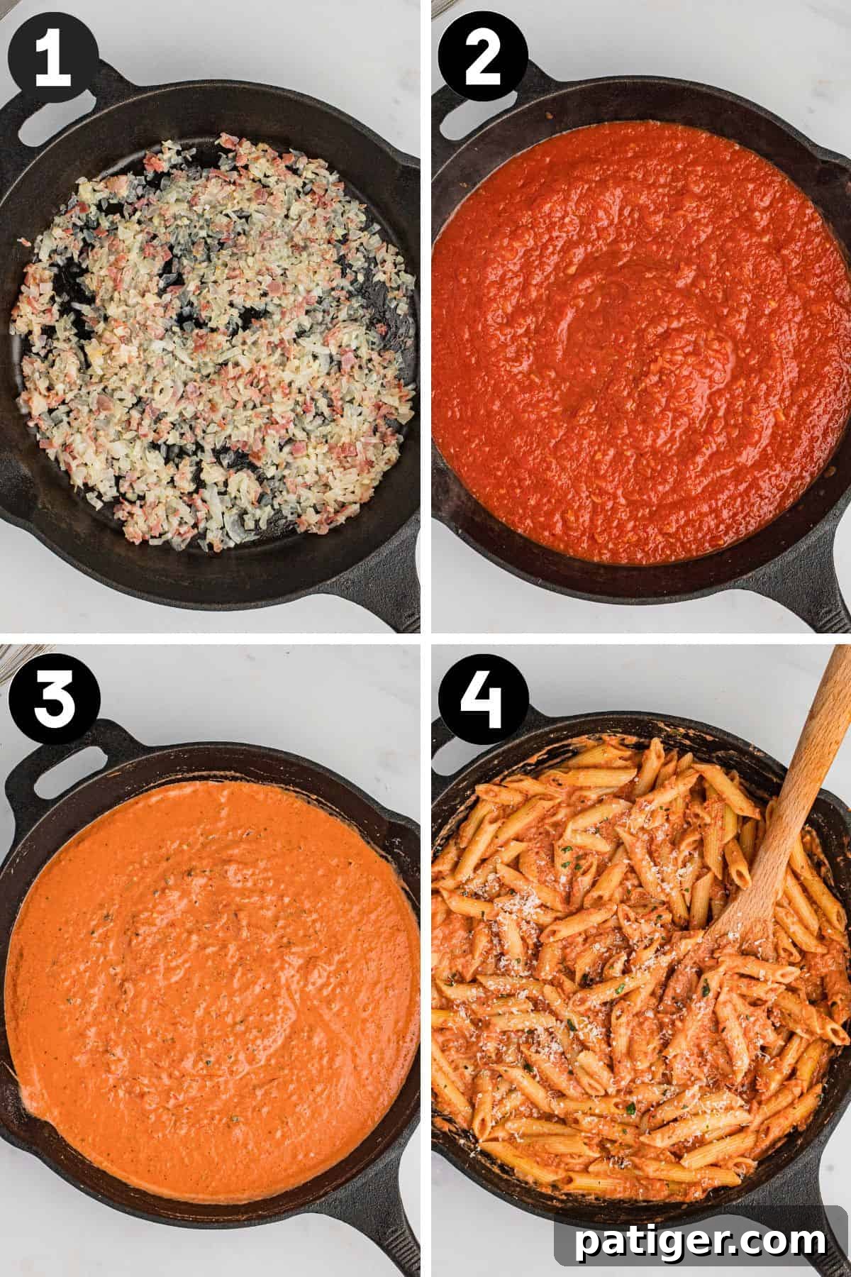 A four-image collage showing the step-by-step process of making vodka pasta sauce: 1. Sautéing onions, prosciutto, and garlic. 2. Simmering the red tomato-based sauce. 3. The pink sauce after heavy cream and cheese are added. 4. Pasta coated in the finished creamy vodka sauce.