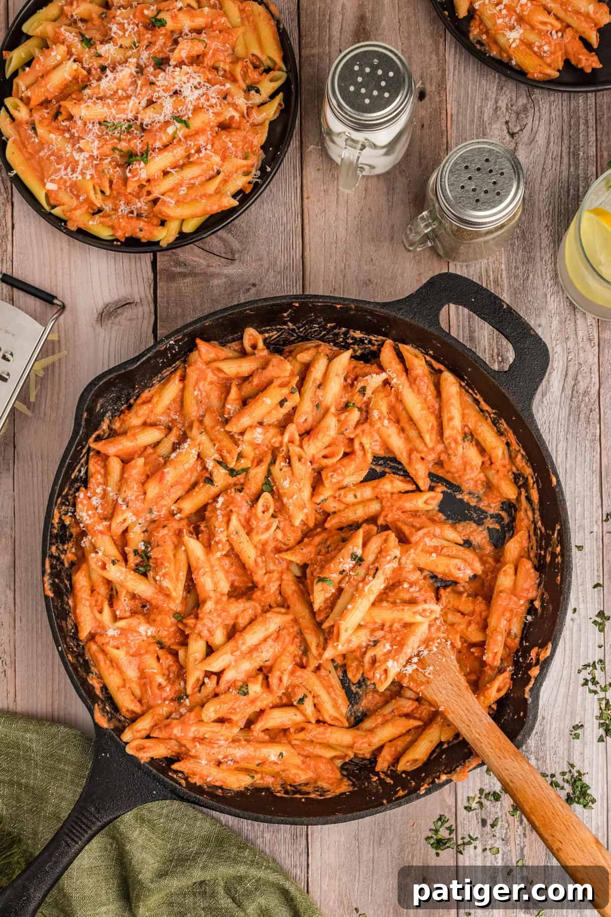 Close-up of creamy Penne with vodka sauce in a skillet, ready to be served.