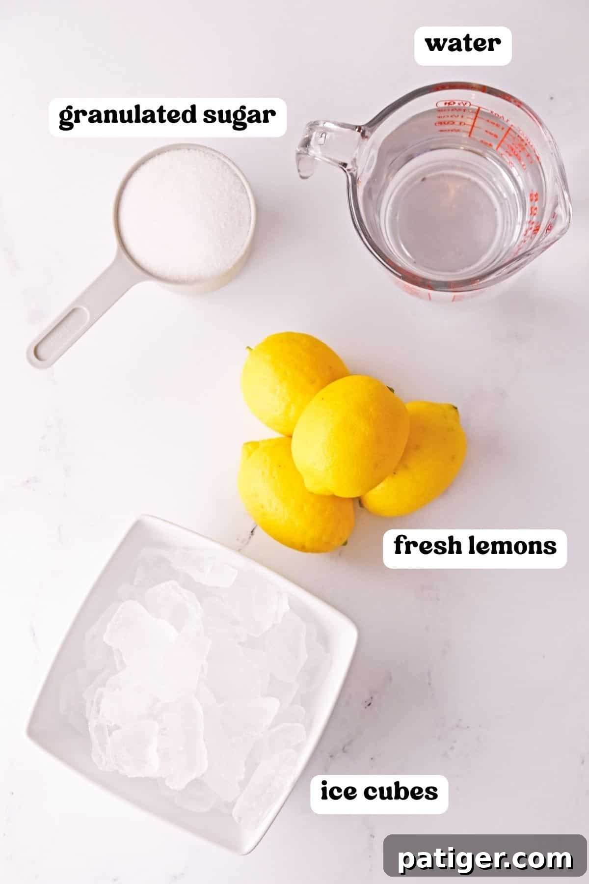 Frozen lemonade ingredients: granulated sugar, water, ice cubes, and fresh lemons.