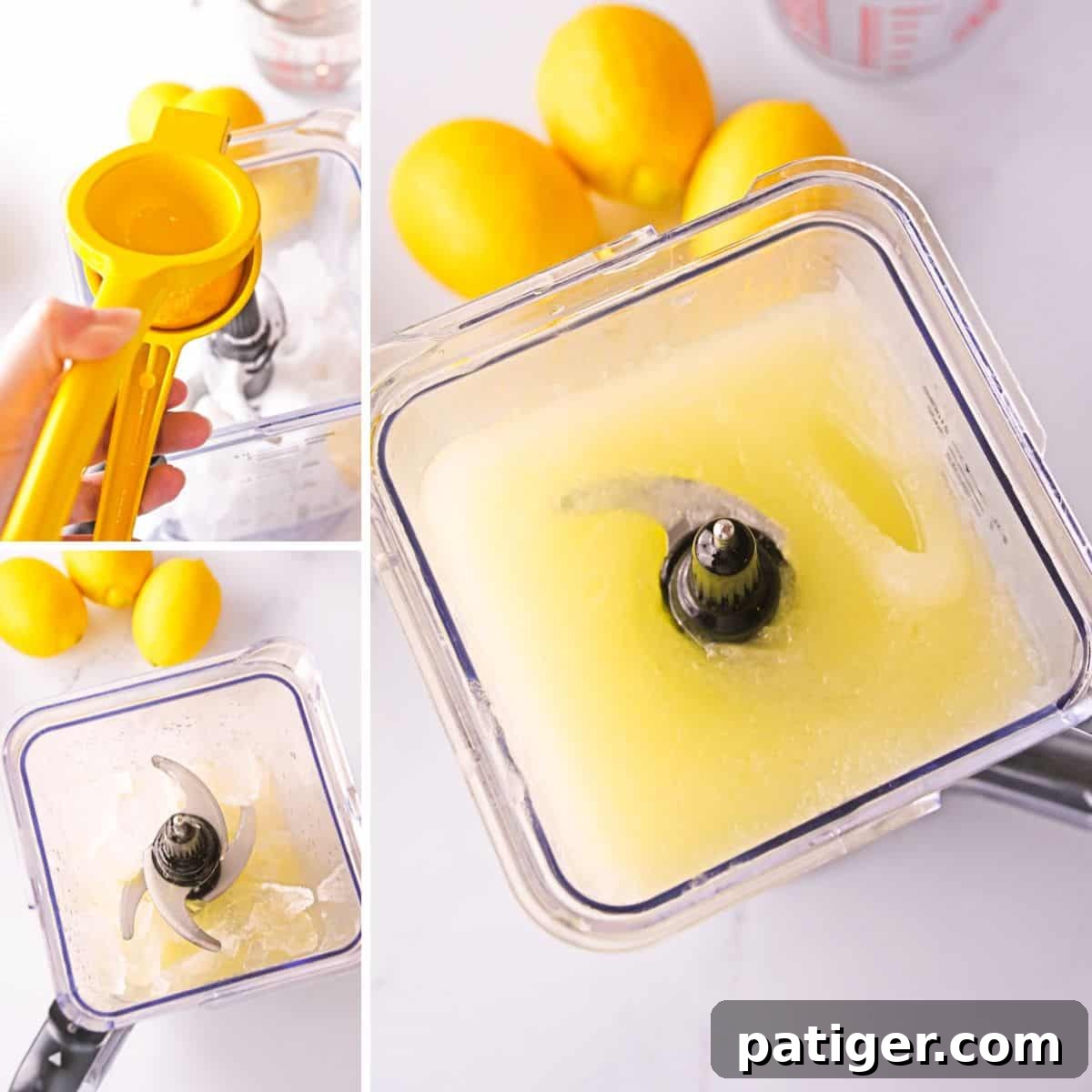 Three image collage of frozen lemonade slushies being made. First, a lemon is being juiced into a blender filled with ice. Next we see all the ingredients added to the blender. Finally the lemonade is blended and has an icee / slushie consistency. 