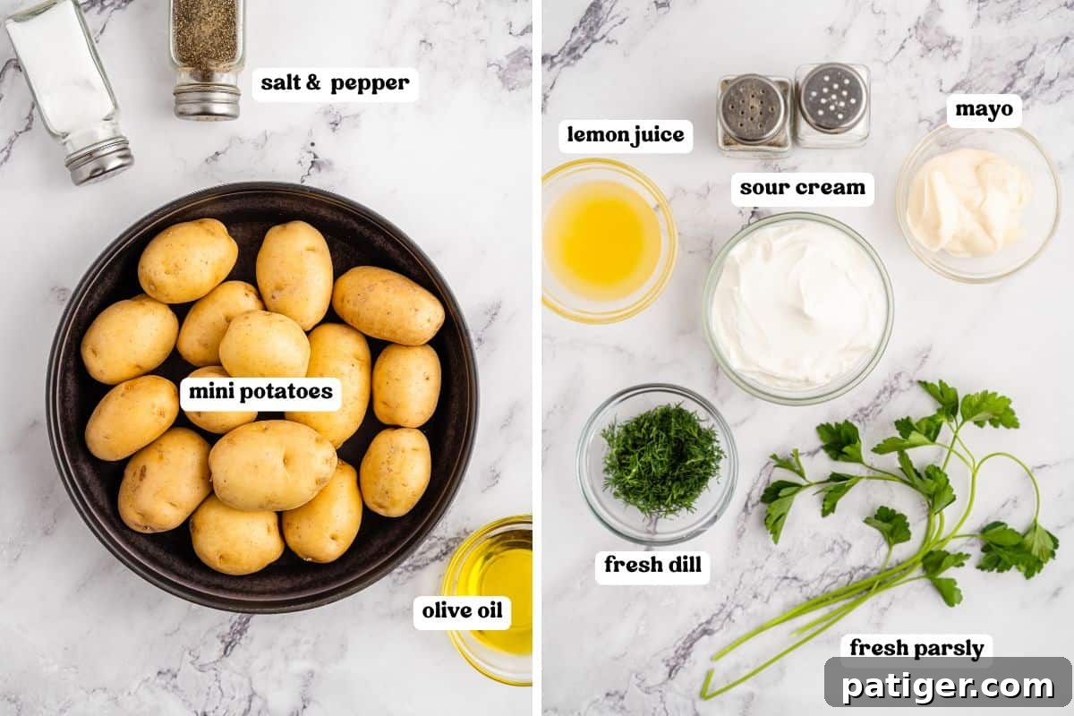 A collage displaying fresh ingredients for Mini Hasselback Potatoes, including small golden potatoes, olive oil, salt, pepper, and fresh parsley. Next to it, ingredients for the dill dip: sour cream, mayonnaise, a whole lemon, and fresh dill.