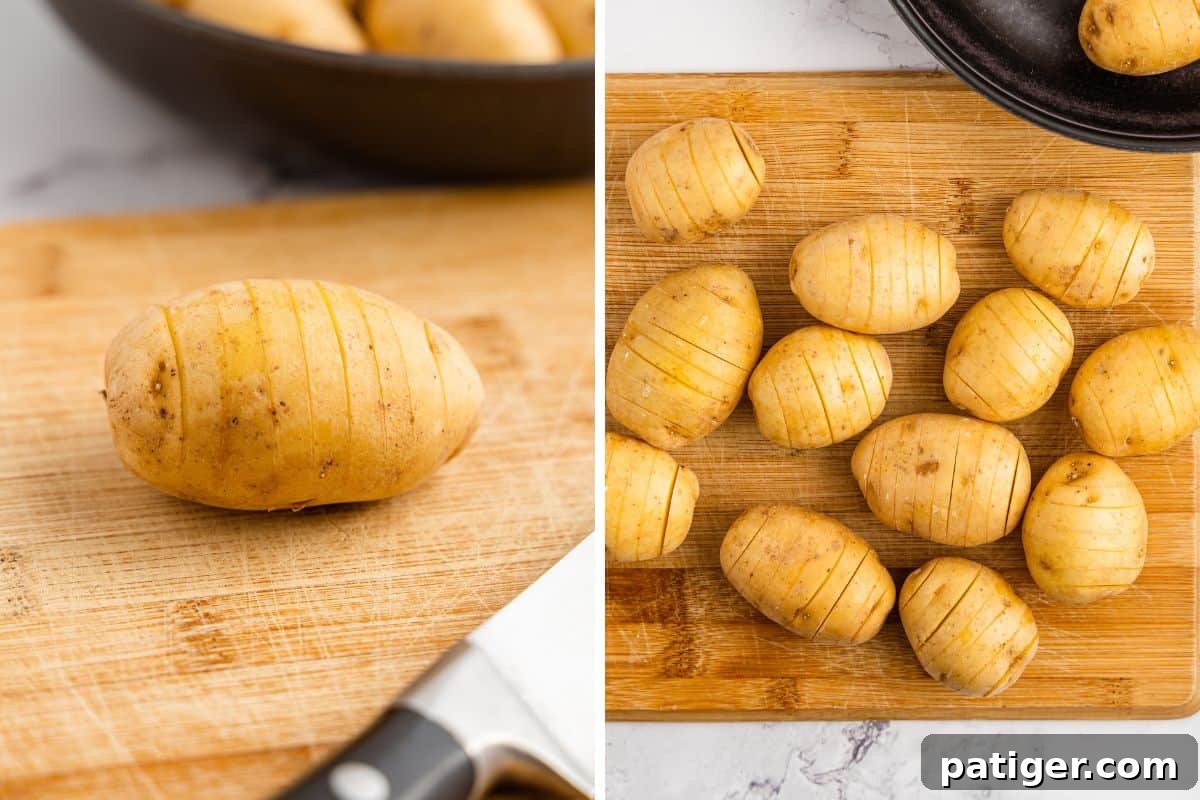 A two-image collage demonstrating how to slice mini potatoes. The first image shows a mini potato being held between two chopsticks on a cutting board, with a knife making parallel cuts. The second image shows several mini potatoes, each with numerous thin slits cut across its width, ready for seasoning.