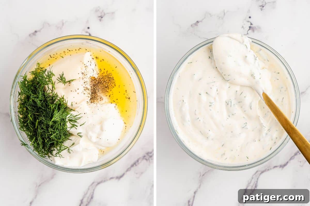 A two-image collage showing the preparation of dill dip. The first image displays all the dip ingredients in a bowl before mixing, and the second shows the smooth, creamy, and vibrant green dill dip after being stirred.