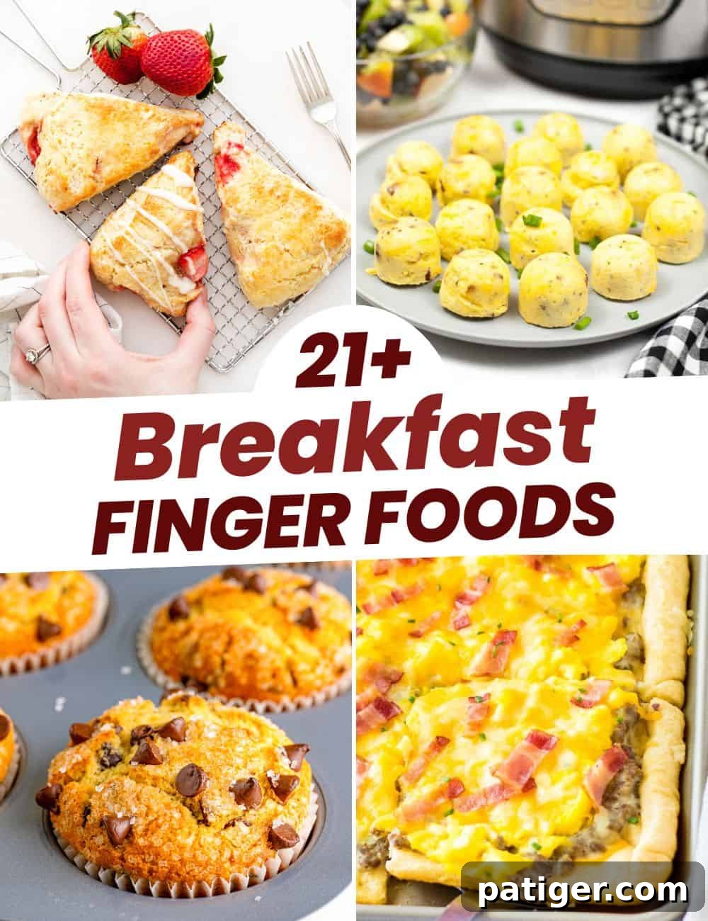 A vibrant collage of various easy breakfast finger foods, including sliders, muffins, and pastries, perfect for parties and quick bites.