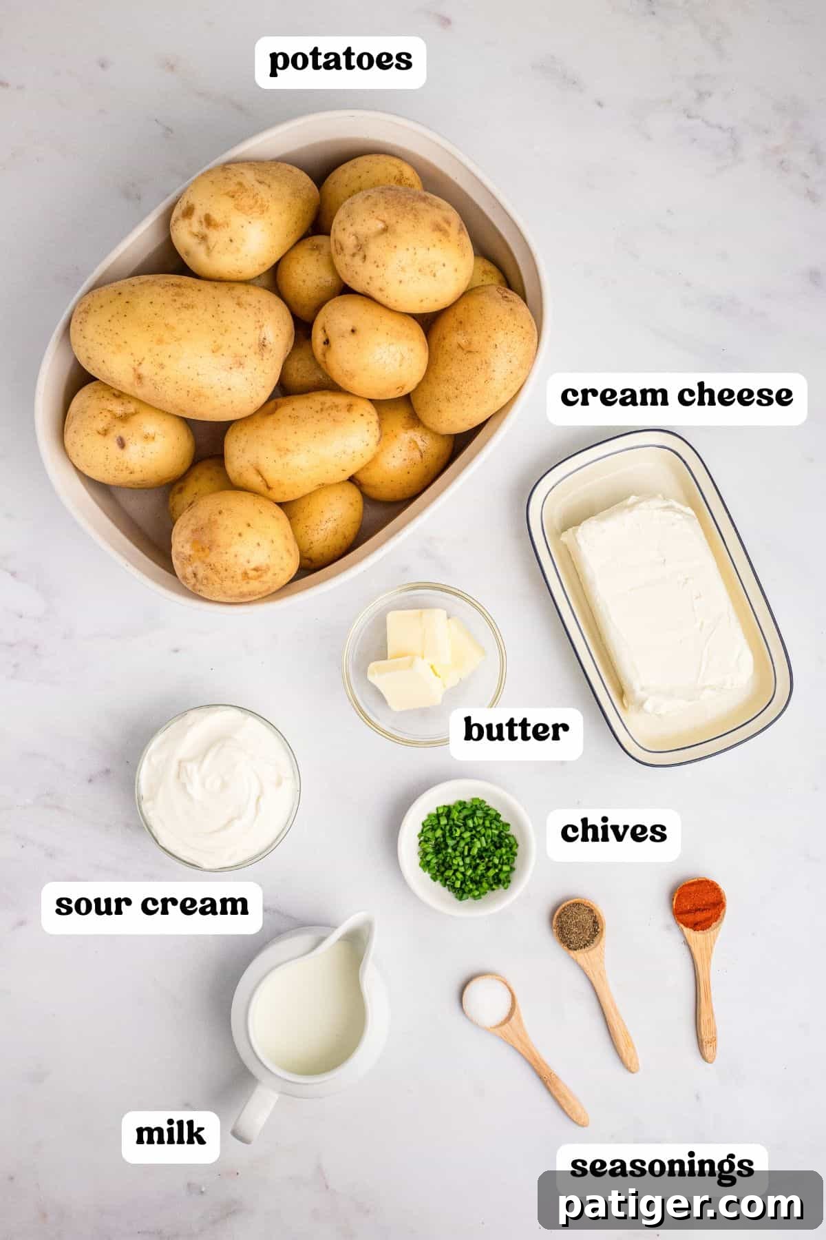 Spud-tacular Party Bites 4 Potatoes, block of cream cheese, sour cream, chopped chives, milk, and seasonings.