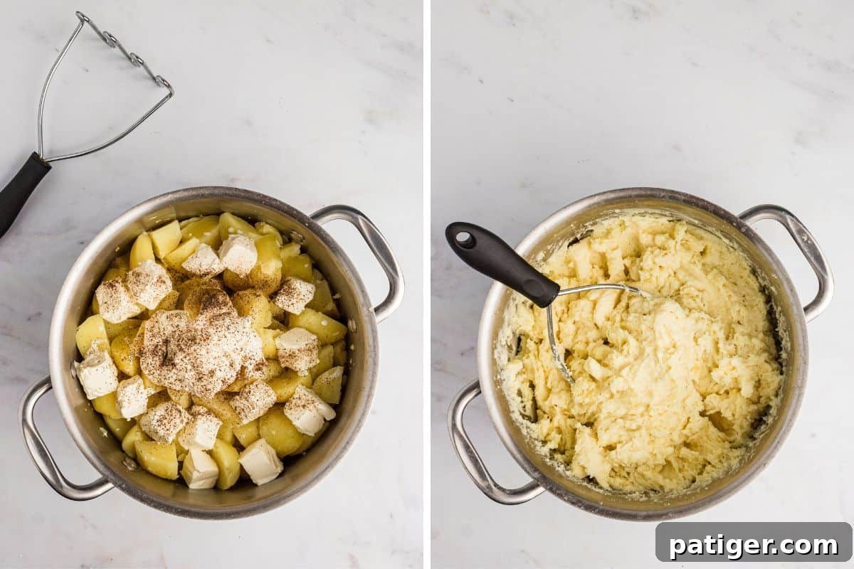 Spud-tacular Party Bites 6 Pot of boiled potatoes, sour cream, cream cheese, milk, and seasonings before and after mashing with a potato masher.