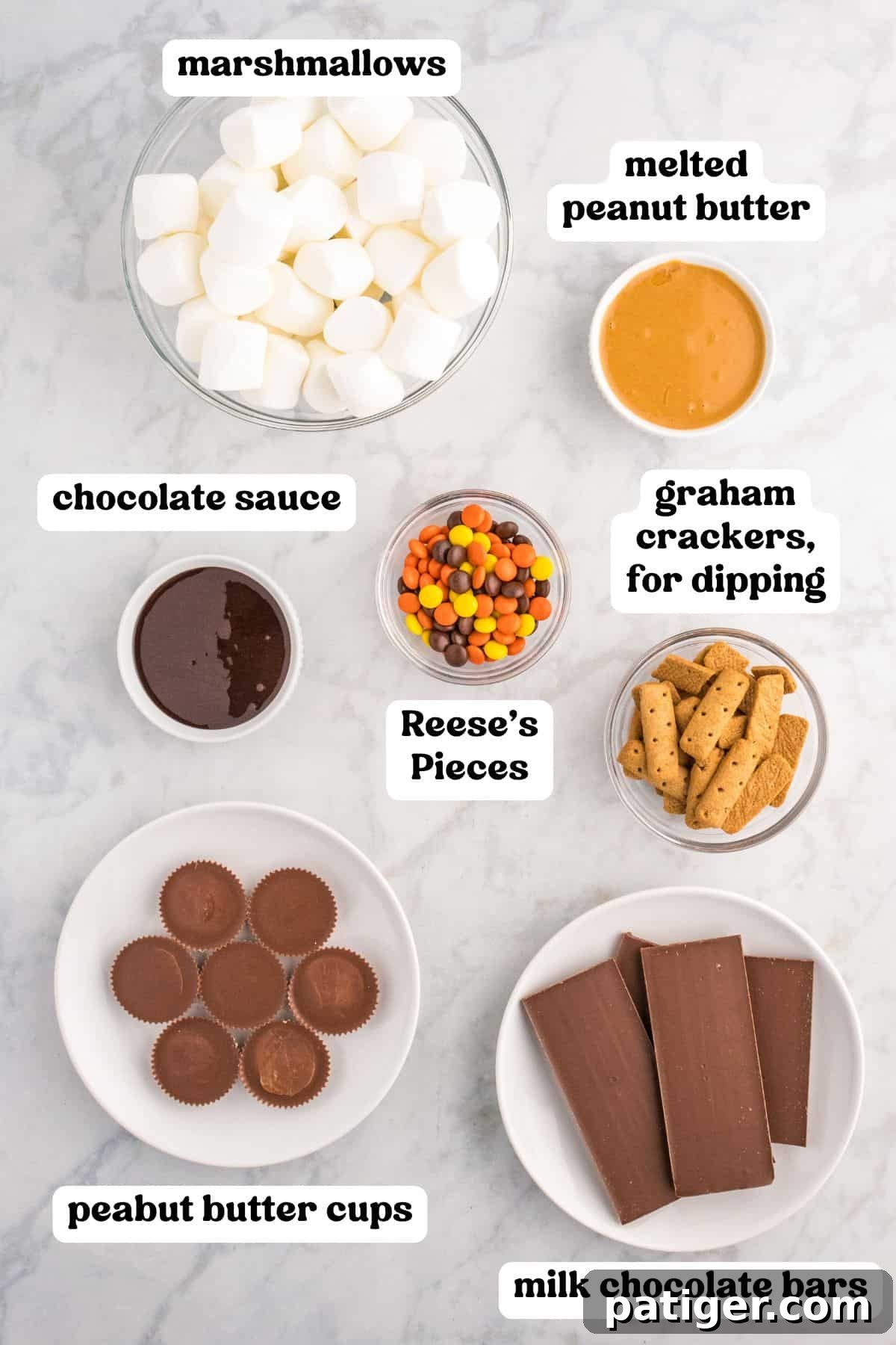 Unwrapped Reese's Peanut Butter Cups, Reese's Pieces, marshmallows, chocolate sauce, melted peanut butter, Hershey chocolate bars, and graham cracker sticks.