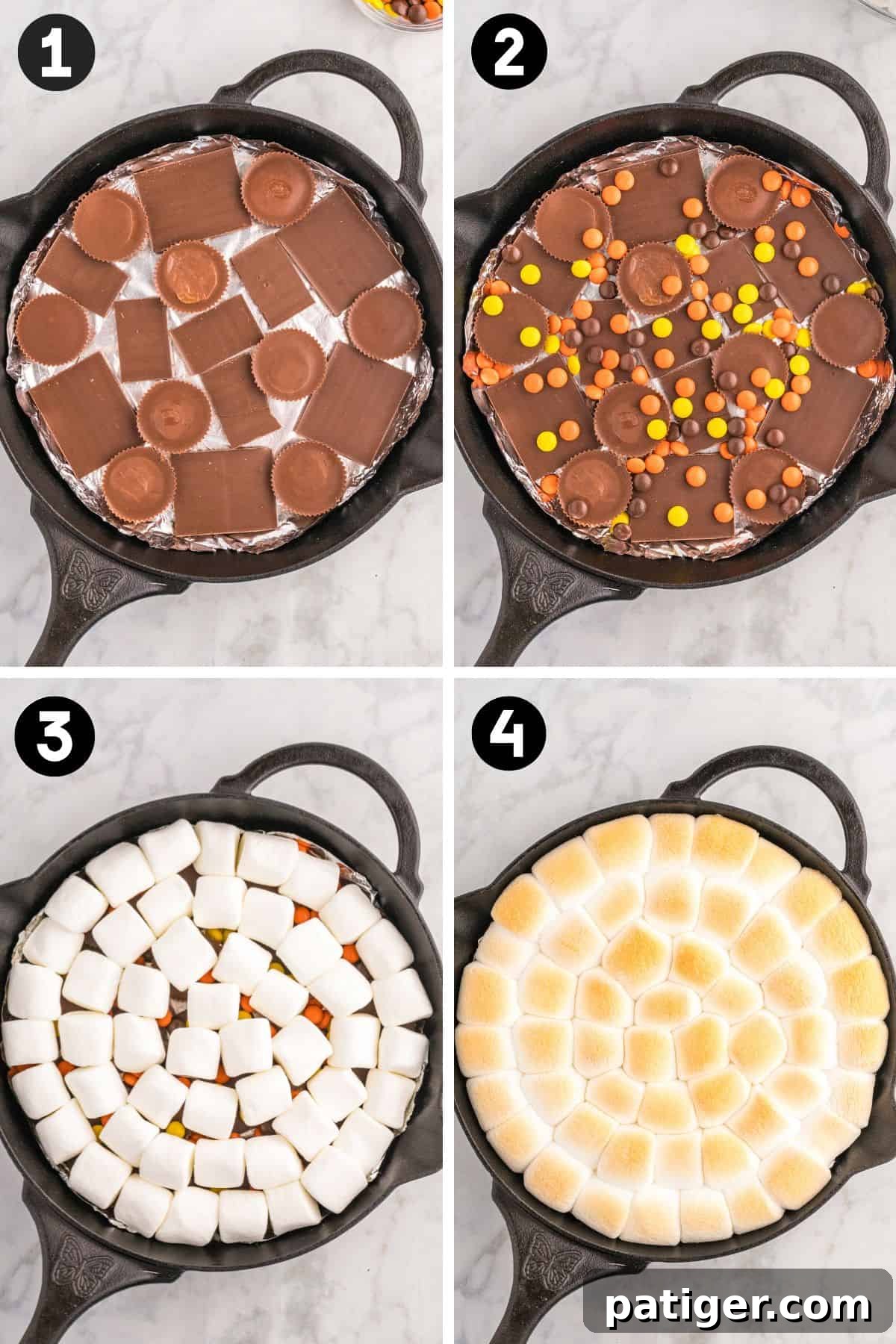 Four image collage of cast iron skillet: 1) lined with foil and covered in peanut butter cups and pieces of Hershey's bars. 2) with Reese's pieces sprinkled on top of the chocolate, 3) with marshmallows covering the chocolate in a single layer, and 4) with marshmallows golden brown on top after baking.