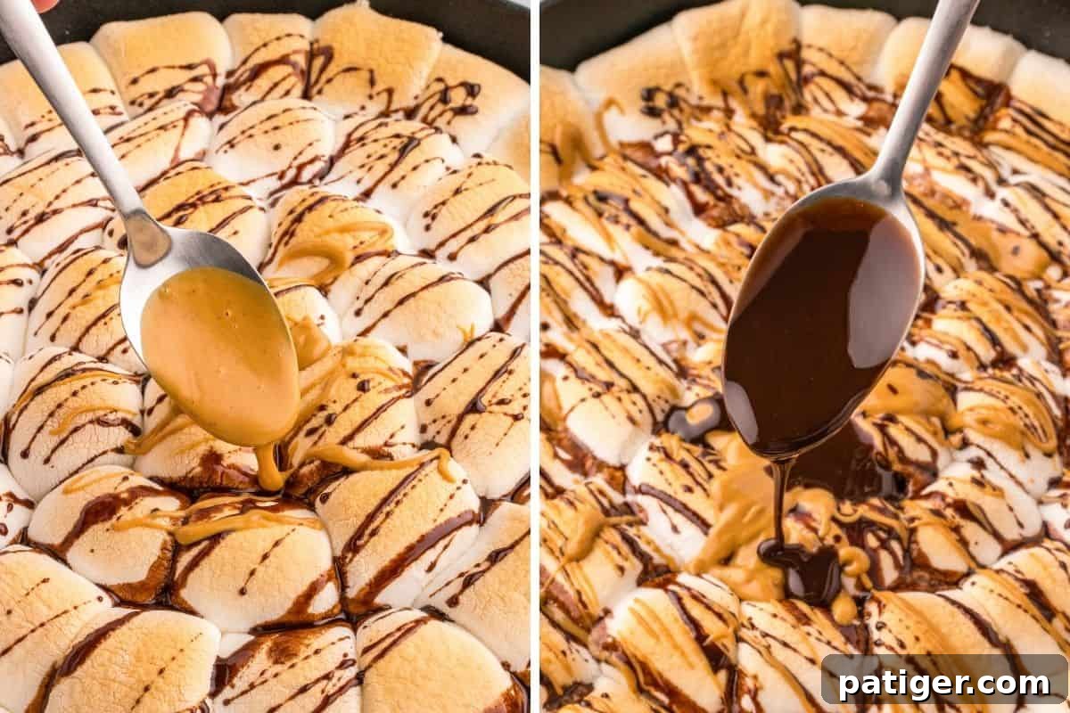 Two image collage of peanut butter and chocolate sauce being poured on top of the marshmallows.