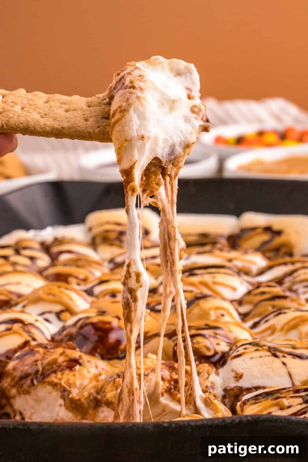 Graham cracker dipping into skillet od chocolate peanut butter s'mores sip.