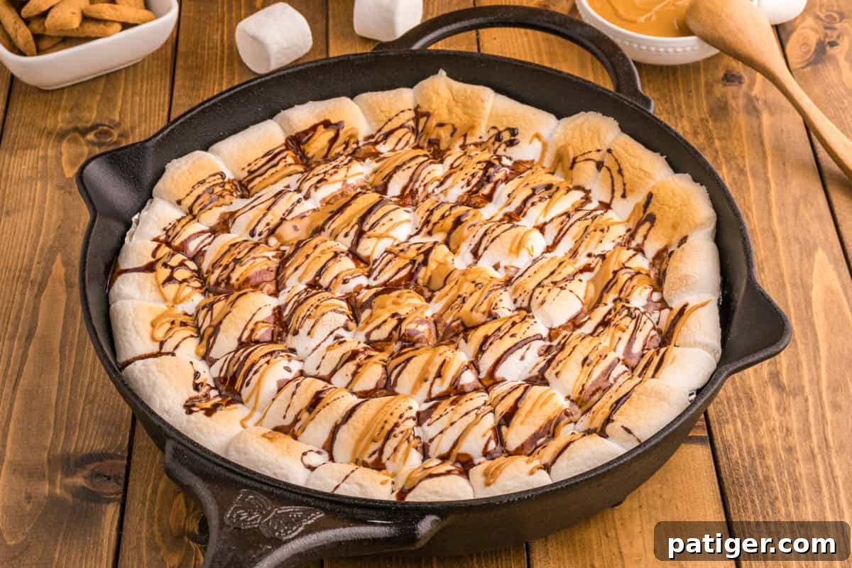 Reese's peanut butter cup s'mores dip in a skillet, topped with toasted marshmallows and chocolate peanut butter drizzle.