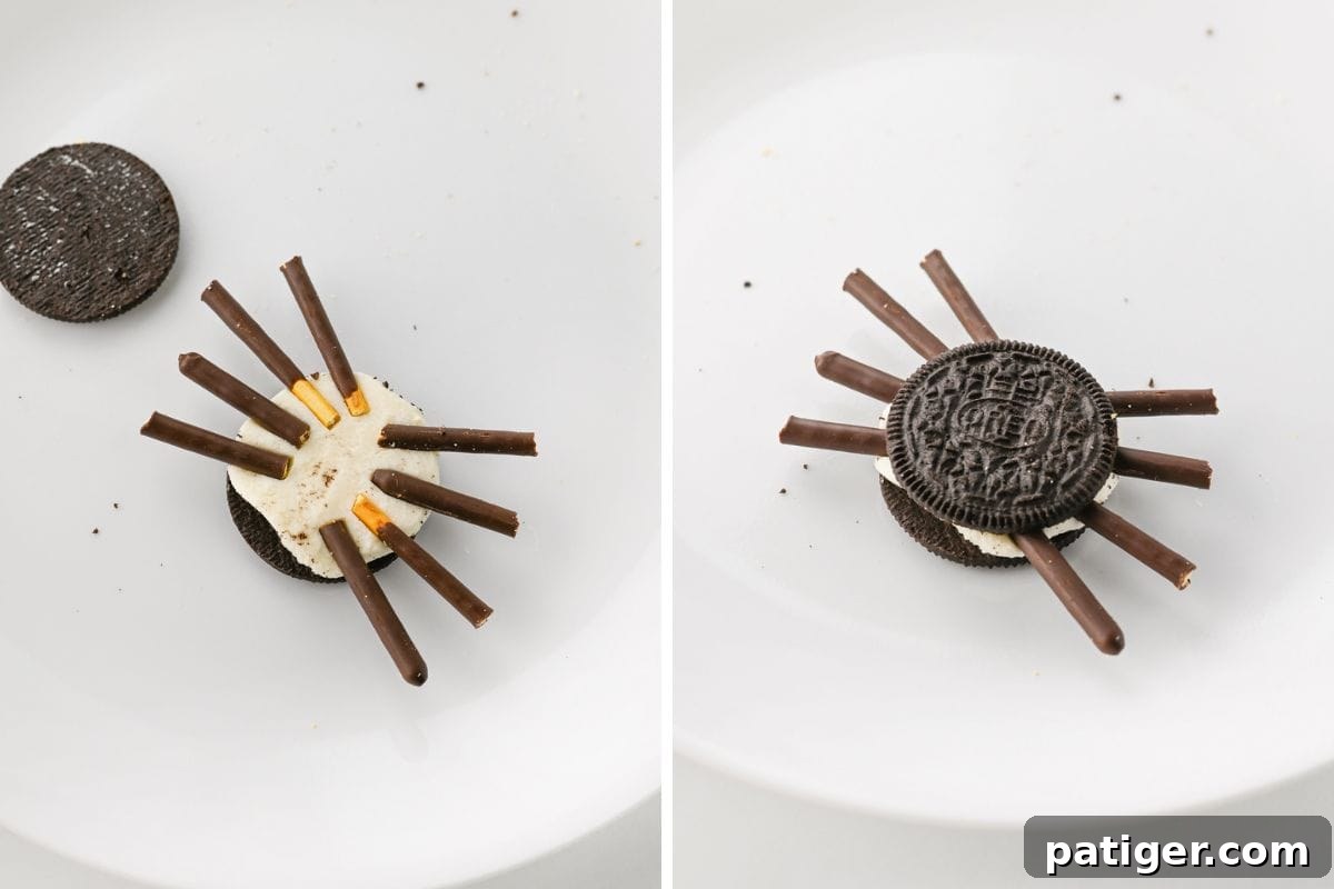 Two image collage. First image: oreo with top removed and pocky pieces put into the cream, 4 per side, Second picture: Oreo with top placed back on.