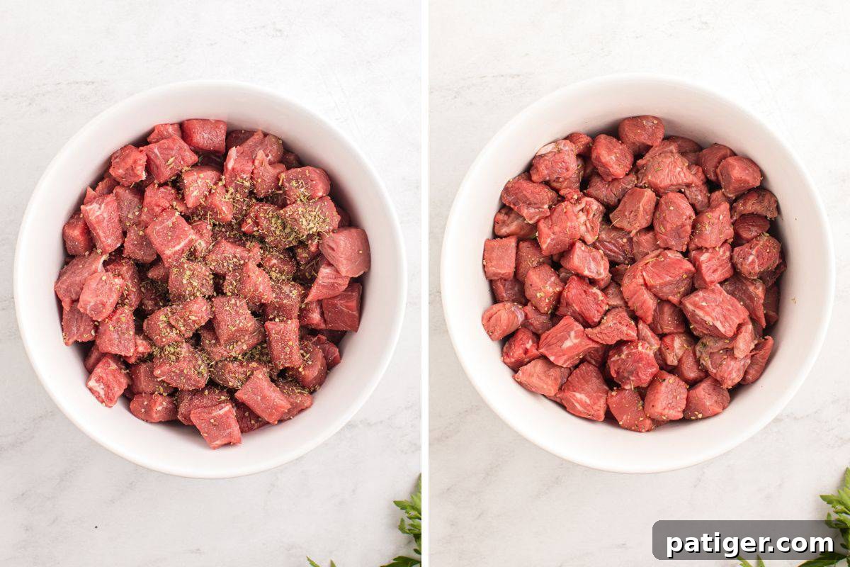 Golden Garlic Steak Bites 5 Two-image collage showing raw steak pieces in a bowl topped with seasonings, followed by the same steak bites after being tossed in the seasoning mixture.