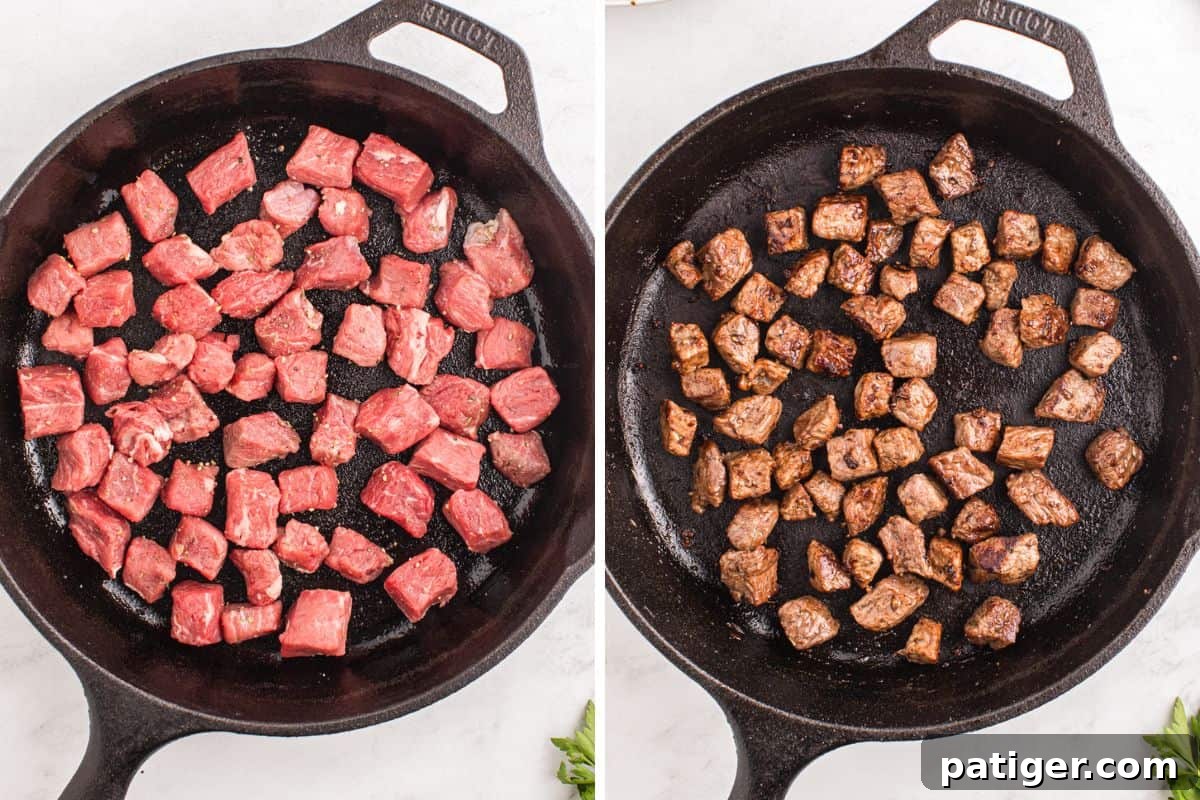 Golden Garlic Steak Bites 6 Two-image collage of steak bites in a cast iron skillet, one image showing the raw steak bites and the other after they have been perfectly seared.