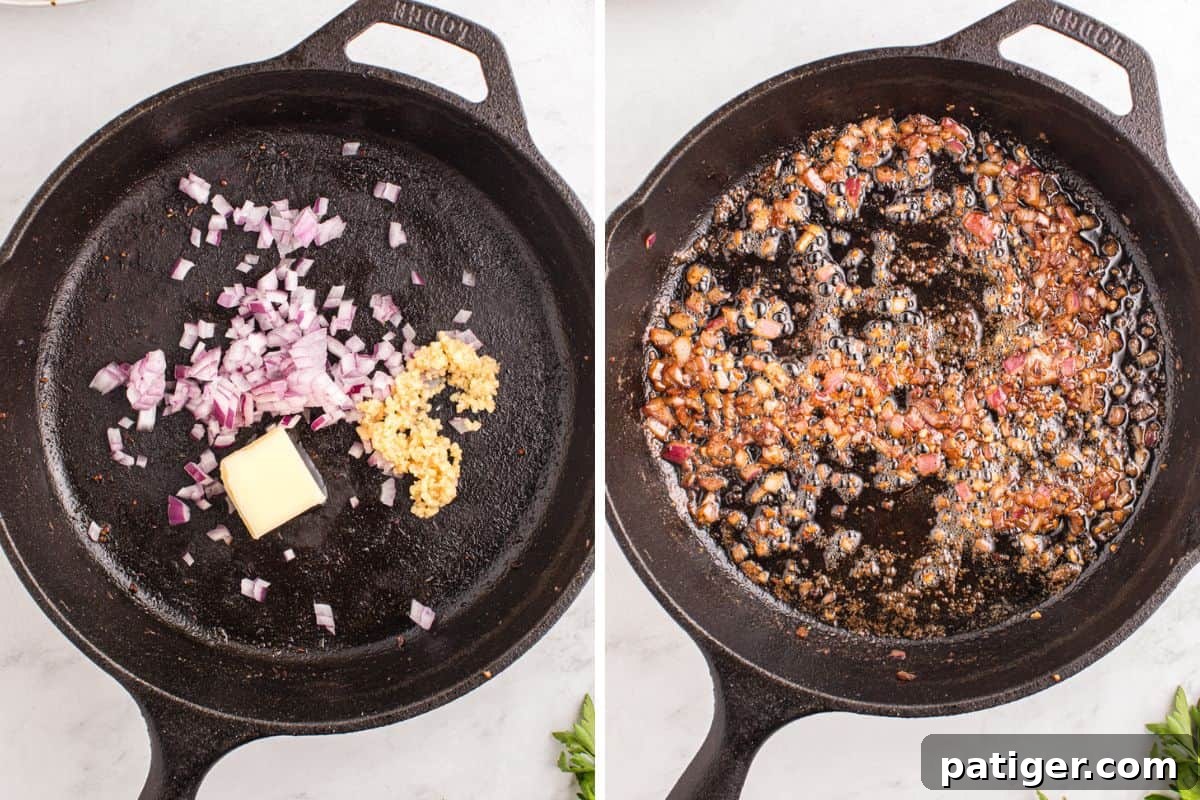 Golden Garlic Steak Bites 7 Two-image collage showing red onion, garlic, and butter in a skillet, one before cooking and the other after the butter has melted and the onion and garlic have browned.