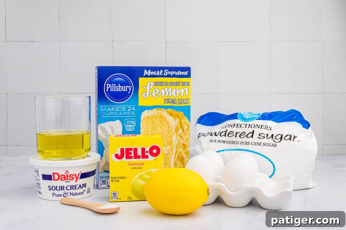 Ingredients for lemon cake mix bundt cake on countertop.