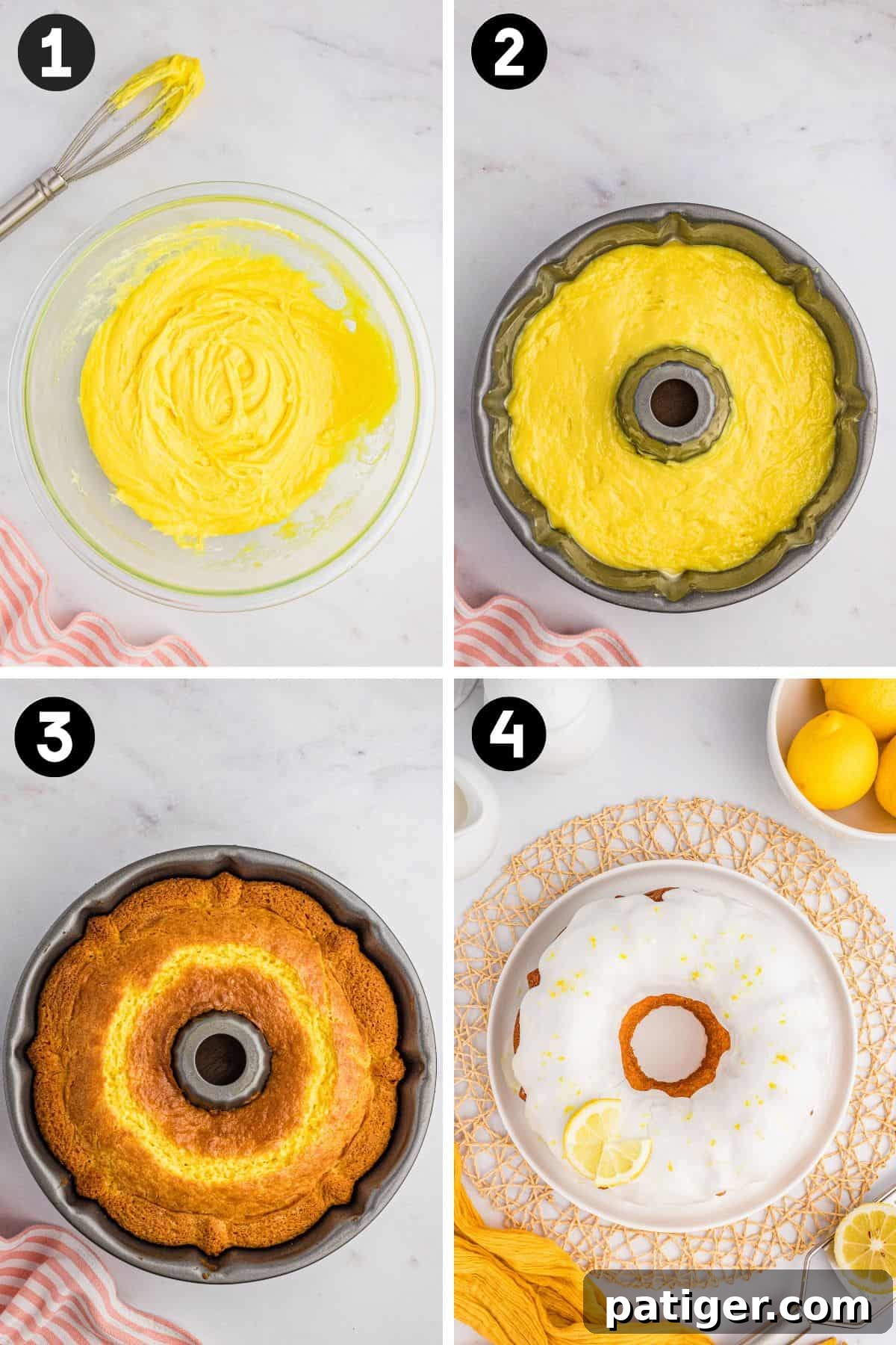 Four image collage of steps to make the lemon cake. 1: lemon cake batter in mixing bowl. 2: Batter in bundt pan. 3: Baked lemon bundt cake in bundt cake. 3: Cake on platter topped with icing and a slice of fresh lemon.