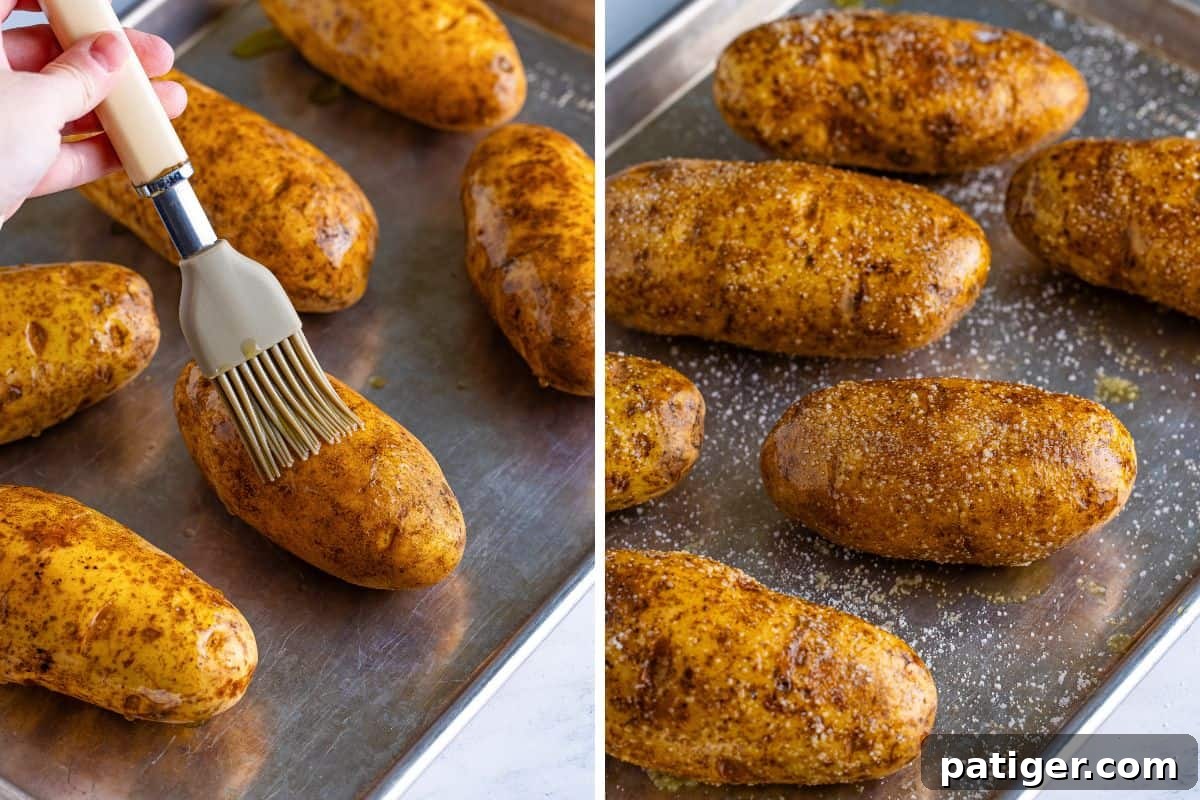Taco Spud Boats 4 First image shows potatoes on a sheet pan being brushed with olive oil. Second image shows the same potatoes generously sprinkled with salt, ready to be baked.