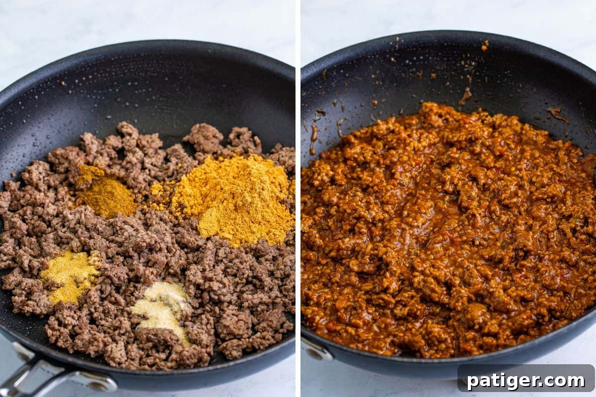 Taco Spud Boats 6 First image shows ground beef cooking in a large pan with taco seasonings sprinkled on top. Second image shows the seasoned ground beef ready to be added to the baked potatoes.