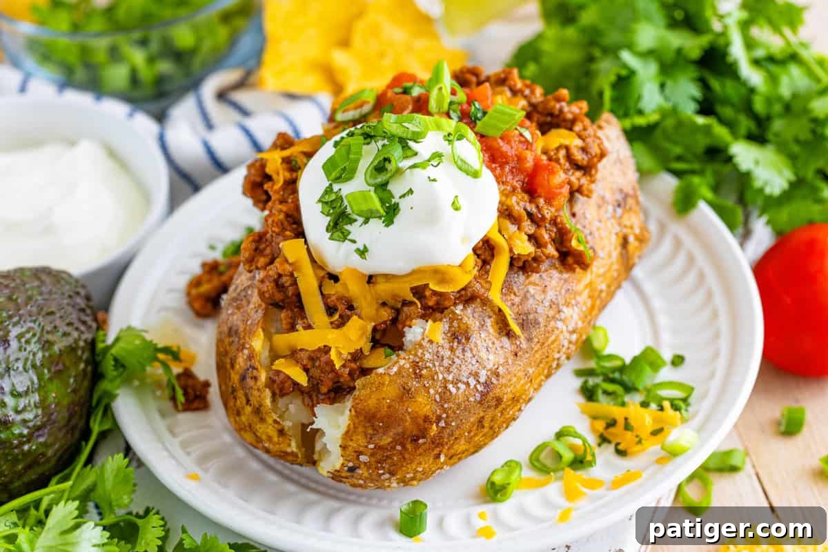 Taco Spud Boats 9 Loaded taco baked potato stuffed with seasoned ground beef, cheese, sour cream, salsa, and green onions.