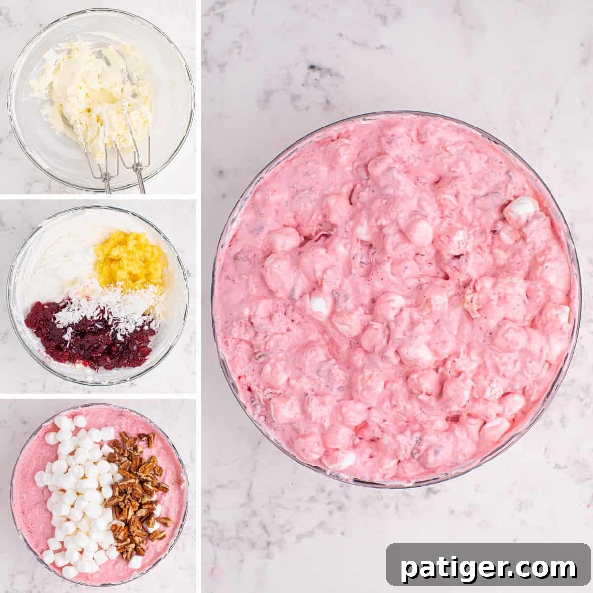 Steps to make cranberry fluff salad: beat cream cheese, add whipped topping, cranberry sauce, pineapple and coconut, and finally stir in marshmallows and pecans.