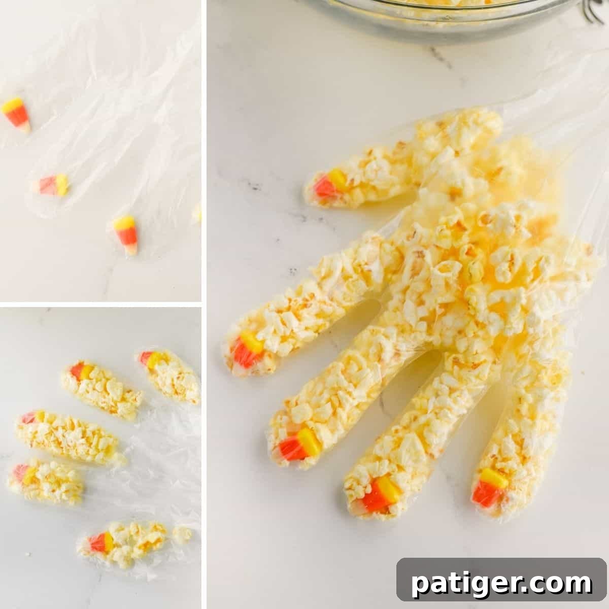 Spooky Popcorn Paws 4 Three image collage of plastic gloves with candy corn at the finger tips, the fingers of the gloves filled with popcorn, and then the palm of the hand filled with popcorn.