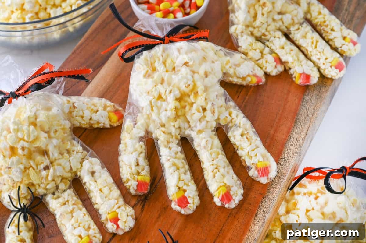 Spooky Popcorn Paws 5 Halloween popcorn hands with candy corn and popcorn in plastic gloves.