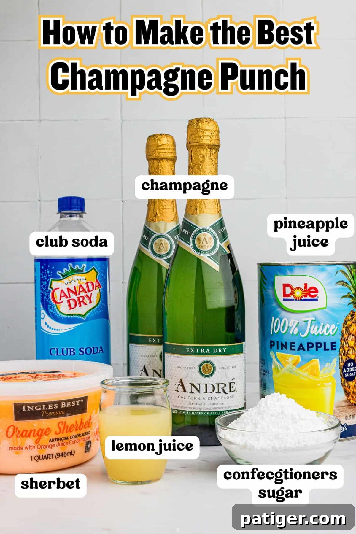 Sparkling Sherbet Punch 4 Two bottles of champagne, quart of orange sherbet, can of pineapple juice, bottle of club soda, confesctioners sugar in bowl, and small glass of fresh lemon juice.