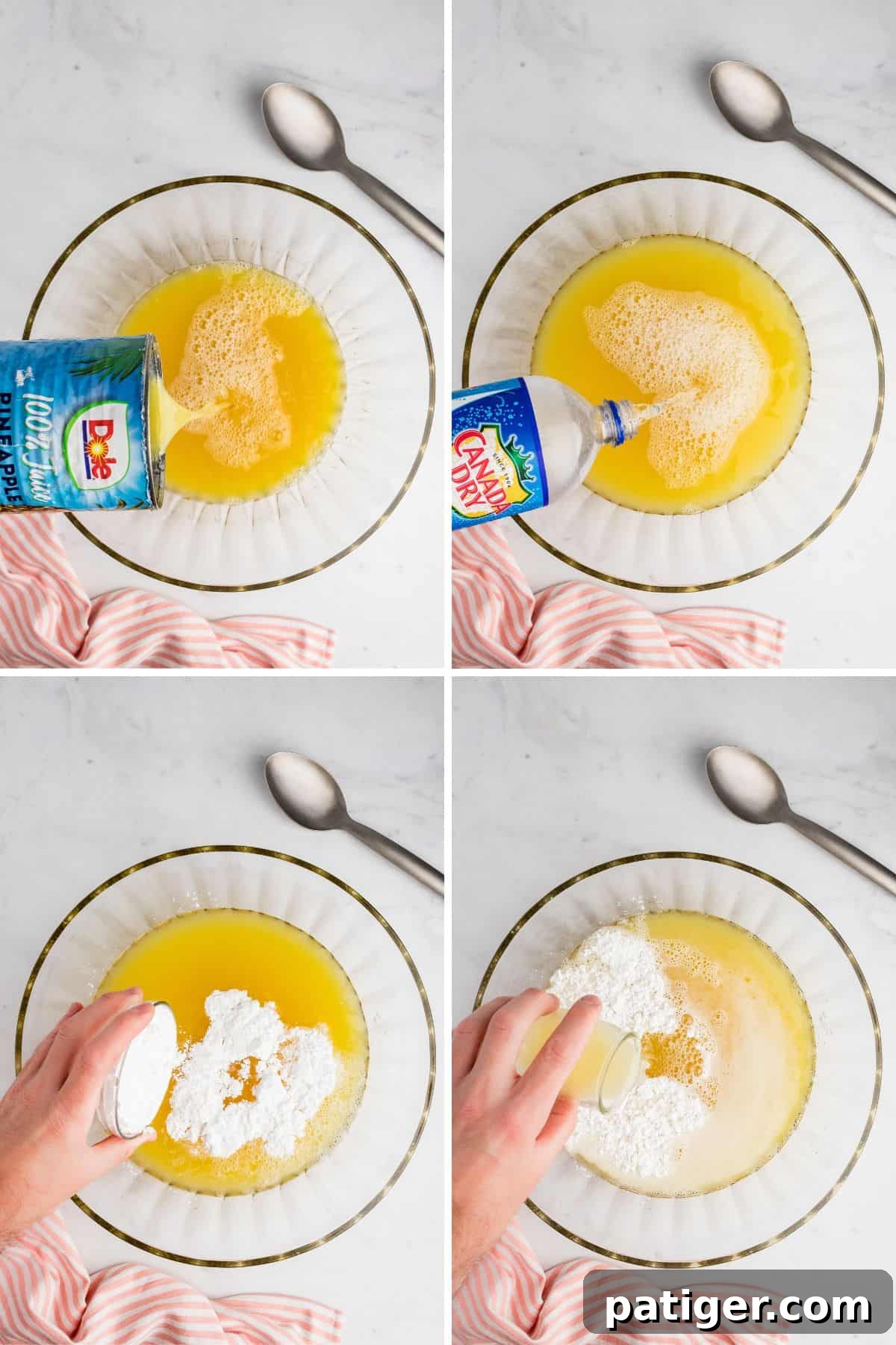 Sparkling Sherbet Punch 5 4 image collage of canned pineapple juice, club soda, powdered sugar, and lemon juice being poured in a large glass punch bowl to make punch.