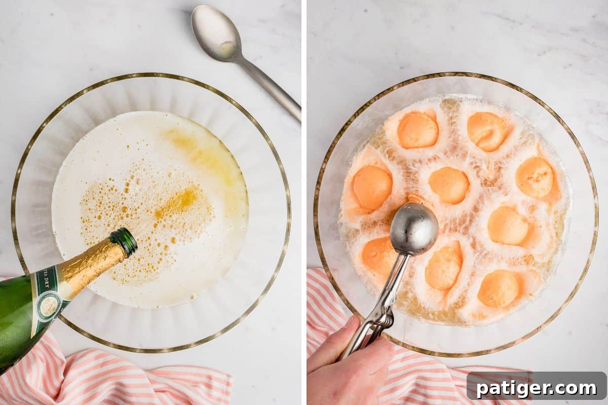 Sparkling Sherbet Punch 6 Champagne being poured into punch bowl and orange sherbet being scooped on top of the champagne punch.