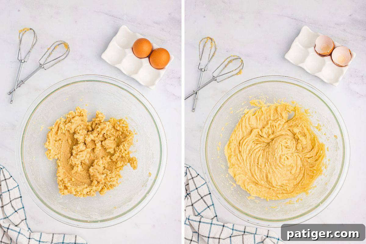 A two-image collage of the baking process: butter and sugars being creamed until light and fluffy in the first image, and then eggs being added and mixed into the creamed mixture in the second.