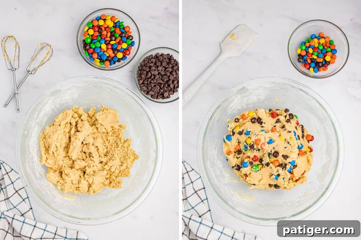 A two-image collage illustrating the cookie dough's transformation: one image shows plain cookie dough, and the second shows the same dough after M&Ms and chocolate chips have been folded in, creating a vibrant, appealing mix.