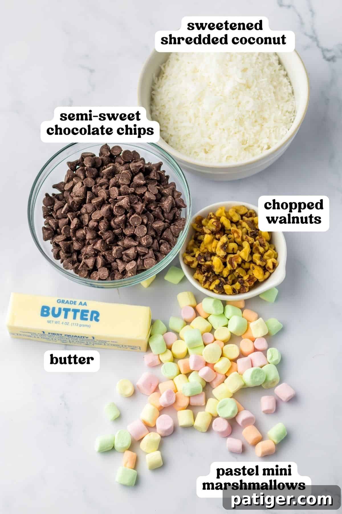 Stained Glass Cookies 4 Labeled ingredients for church window cookies including butter, chocolate chips, pastel mini marshmallows, chopped walnuts, and shredded coconut.