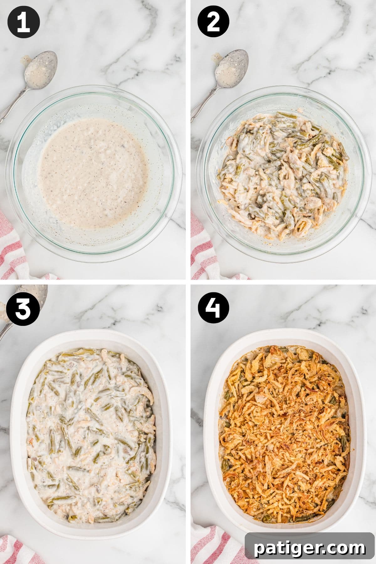 Creamy Green Bean Crunch 5 Step-by-step process of making green bean casserole: combining ingredients in a mixing bowl, transferring mixture to a casserole dish, and topping with crispy fried onions.