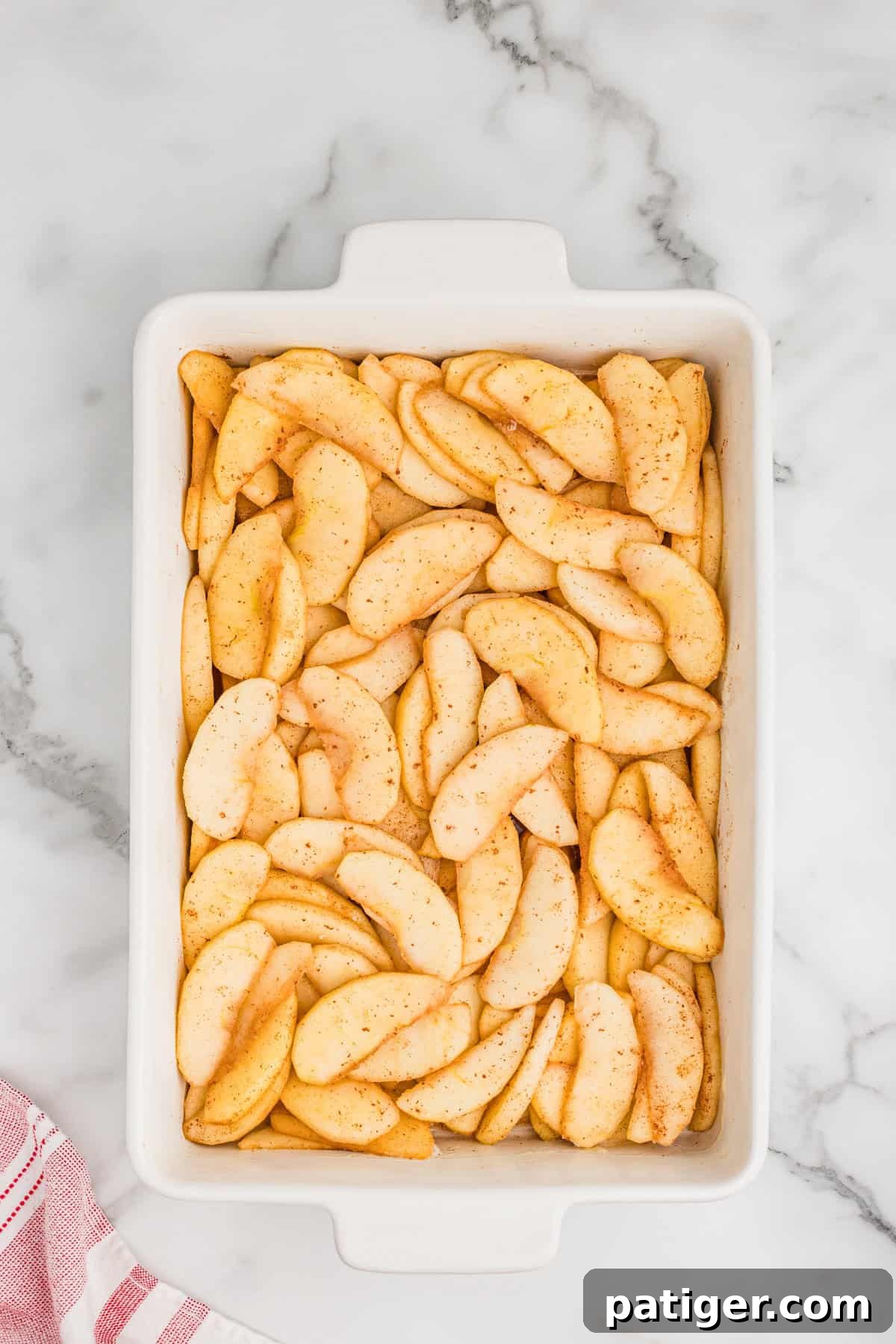 Peeled and sliced apples, coated in cinnamon and sugar, and spread evenly into a 9x13 baking dish.