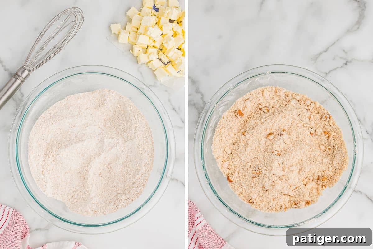 Two-image collage showing the crisp topping ingredients in a mixing bowl with cubed butter beside them, followed by the mixture after the butter is cut in, with a crumbly texture.