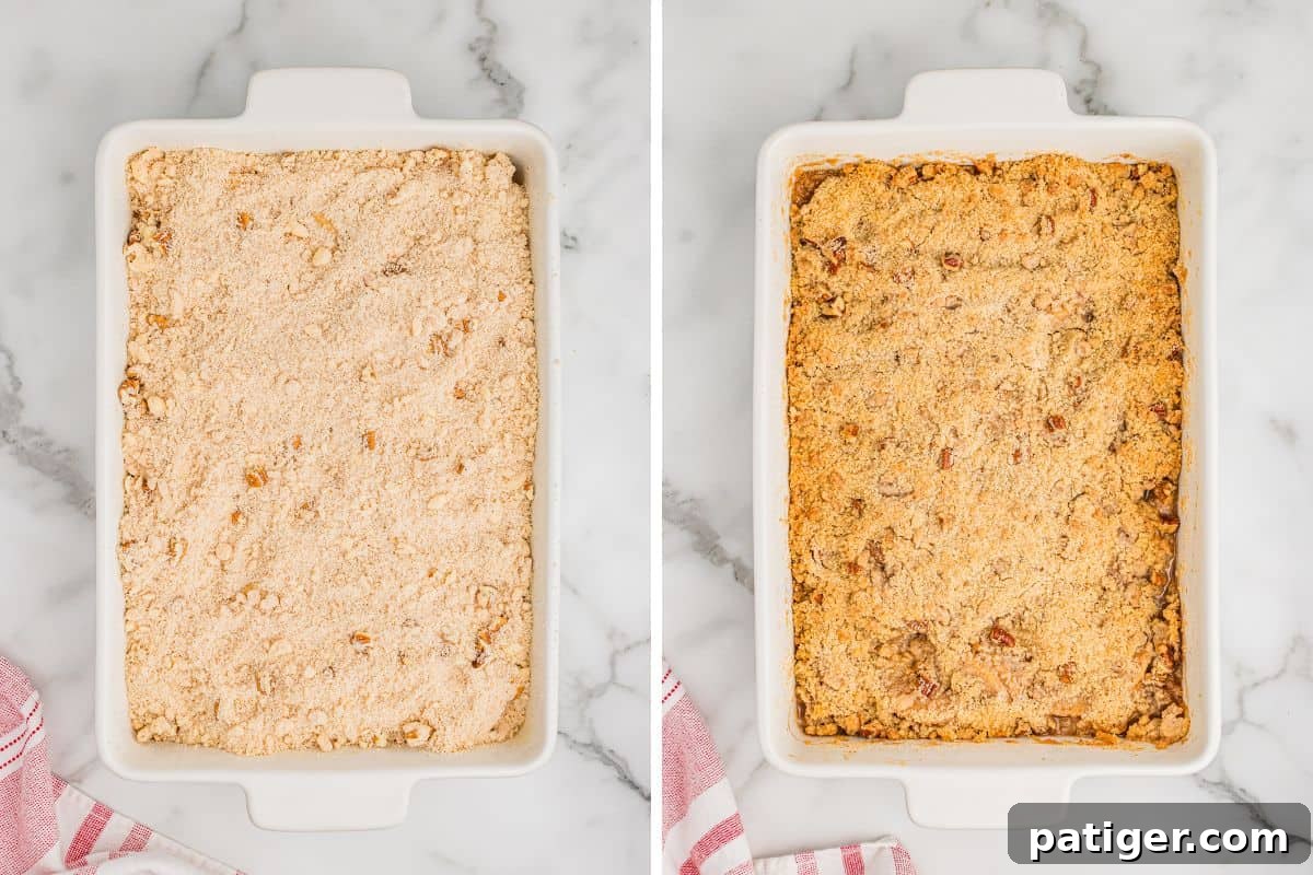 Two-image collage showing apple crisp in a 9x13 baking dish before baking and then after baking, with the topping golden brown.