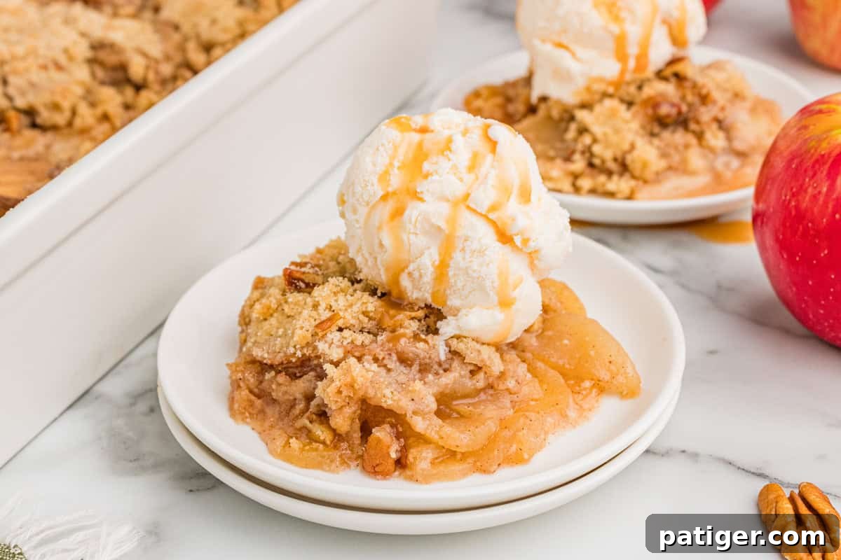 Servings of apple crisp without oats on a white plate, topped with vanilla ice cream and a caramel drizzle.