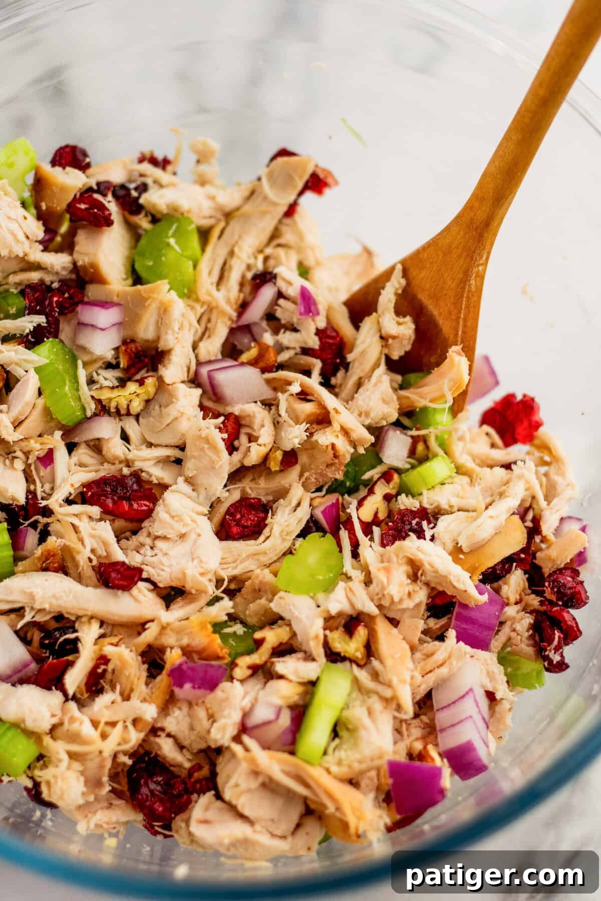 The initial mix of shredded chicken, chopped celery, red onion, dried cranberries, and pecans, ready to be combined with the creamy dressing for a delectable cranberry chicken salad.