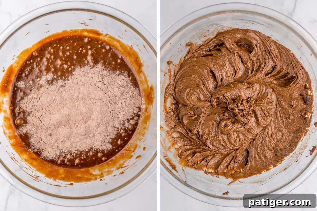Cozy Hot Cocoa Cookies 6 Side-by-side collage showing a bowl with wet ingredients and dry ingredients added on the left and the fully mixed chocolate cookie dough on the right.