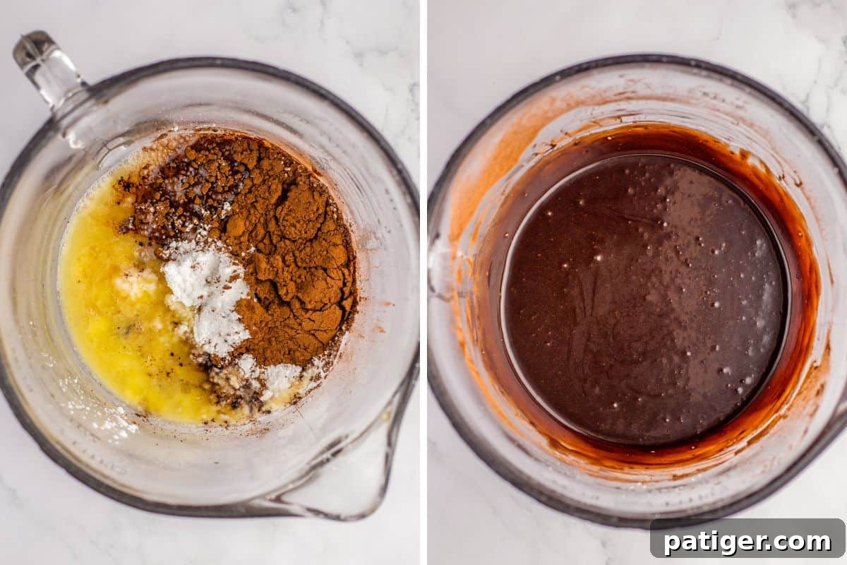 Cozy Hot Cocoa Cookies 7 Side-by-side collage showing a glass measuring cup with cocoa powder, melted butter, and sugar on the left and the blended chocolate mixture on the right.