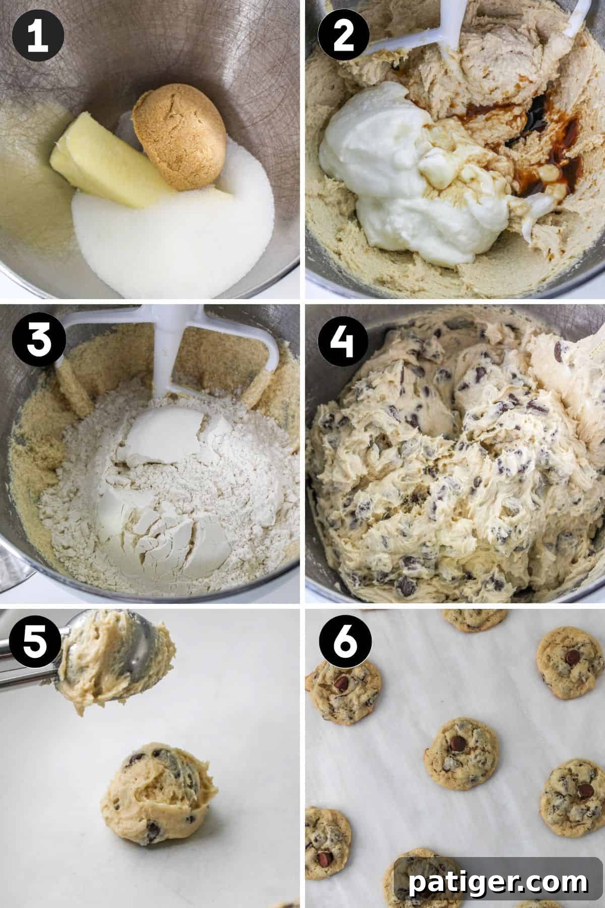 Step-by-step process of making yogurt chocolate chip cookies: combining ingredients, folding in chocolate chips, scooping dough onto a baking sheet, and baking the delicious eggless treats.