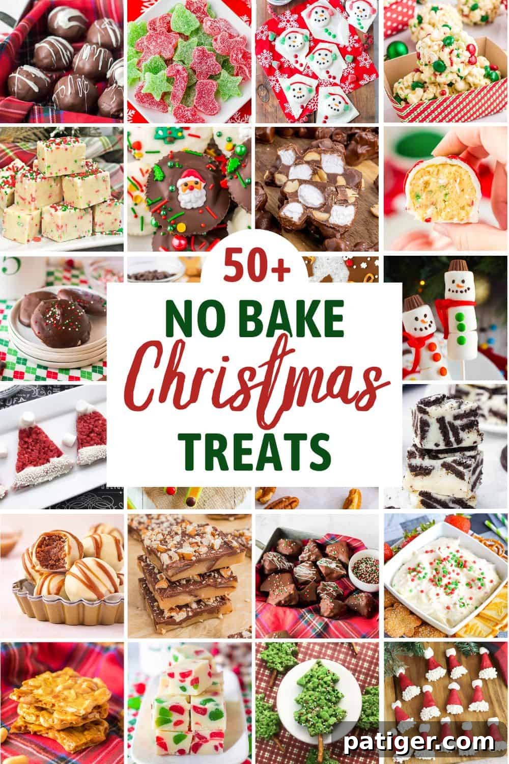 Over 50 Easy No-Bake Christmas Desserts 2 A holiday-themed collage with the text '50+ No Bake Christmas Treats,' surrounded by images of easy-to-make Christmas desserts such as homemade candy, gumdrops, brittle, truffles, and other festive treats.