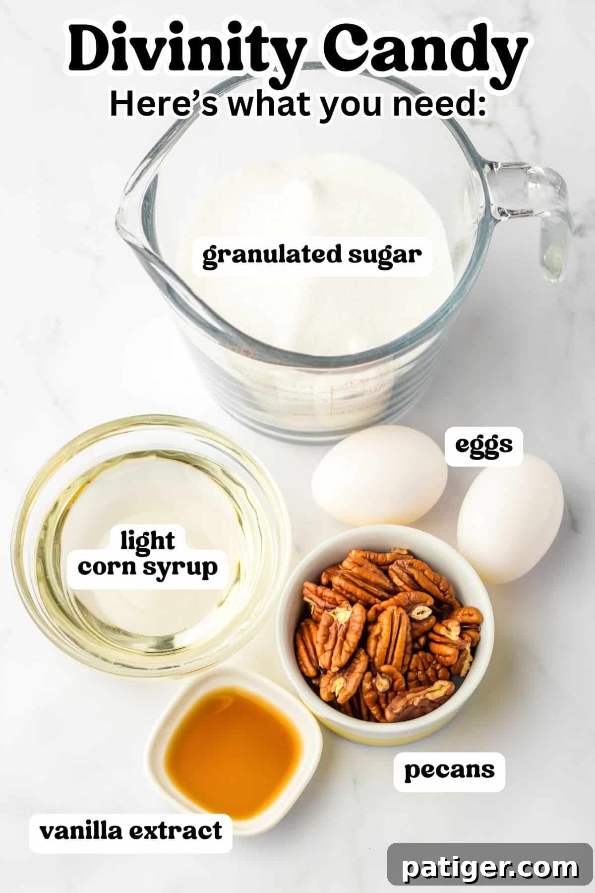 Measured ingredients for making old fashioned divinity candy: granulated sugar, light corn syrup, eggs, vanilla extract, and pecans.