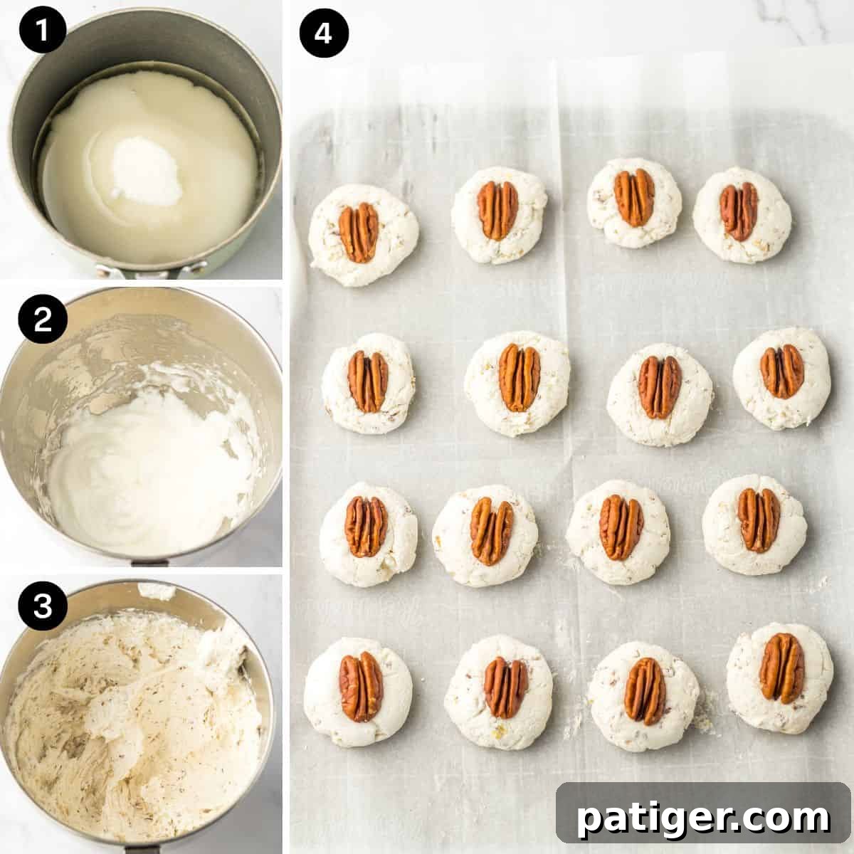 Four-step collage for making divinity candy recipe with pecans: boiling sugar, whipped egg whites, thickened candy mixture, and finished old fashioned divinity cookies topped with pecan halves on a parchment-lined baking sheet.