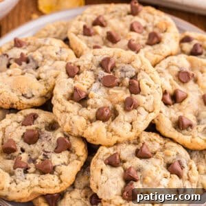 Plate filled with Ranger Cookies with cornflakes, chocolate chips, rice kripsies cereal, and oats. A perfect example of the classic Ranger Cookie.