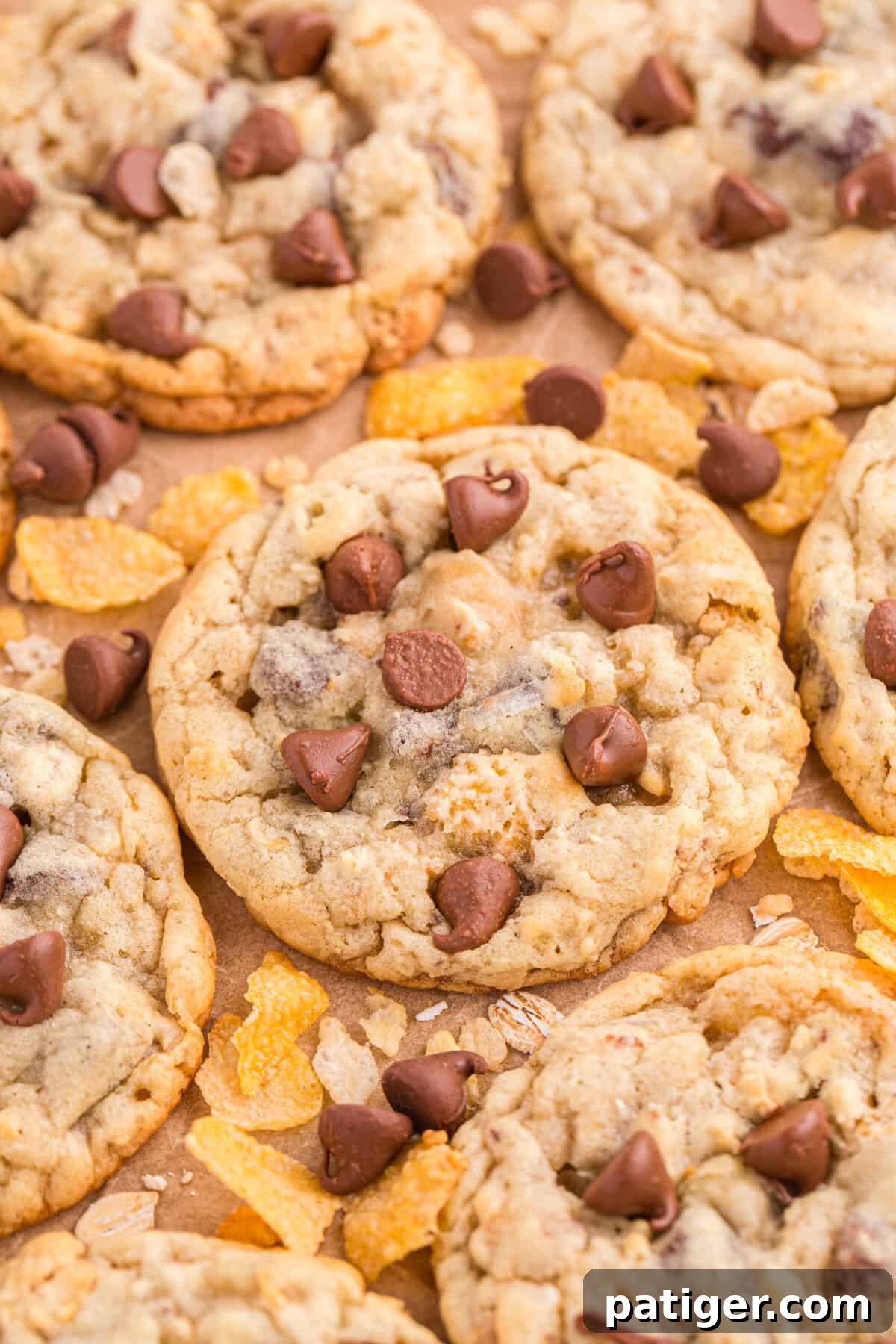 Golden-baked Texas Ranger Cookies on parchment paper, scattered with chocolate chips, cornflakes, and oats for a rustic presentation, cooling on a baking sheet.