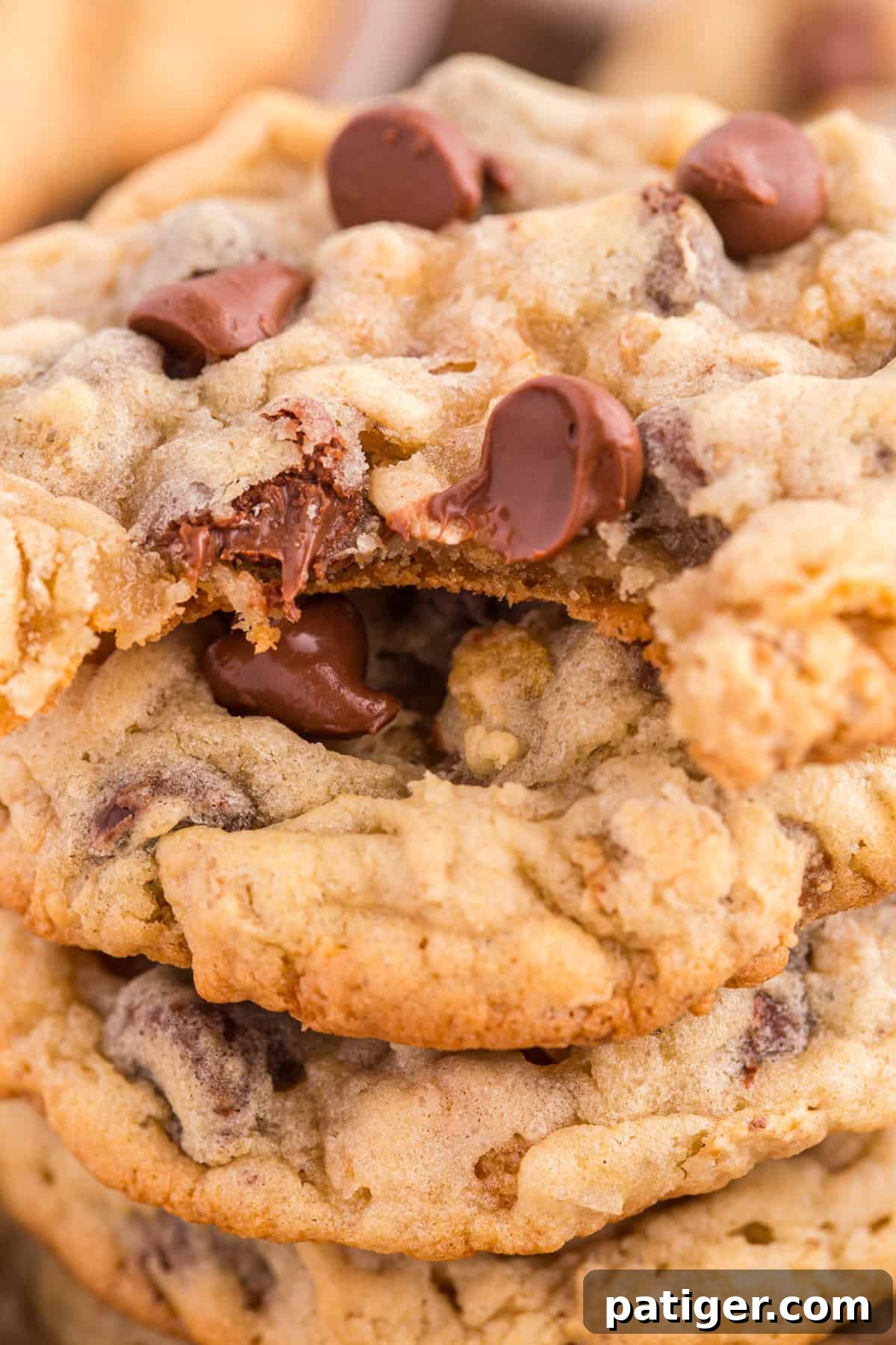 Stack of freshly baked Ranger Cookies with chocolate chips and oats, with one cookie partially bitten, showcasing the gooey chocolate center and crispy texture. A delicious cross-section of flavor.