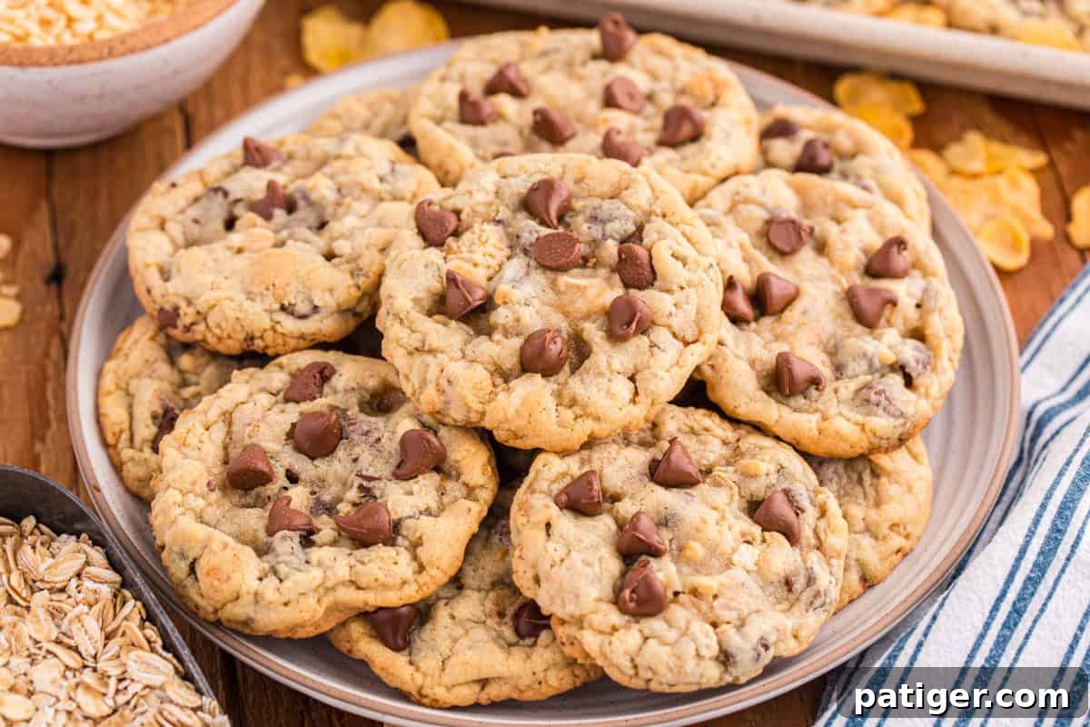 Texas Ranger Cookies on a plate on a wooden table, featuring visible chocolate chips, oats, and cornflakes, with a striped towel and bowl of ingredients nearby, creating a warm, inviting scene.